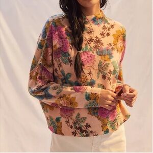 Anthropologie Pilcro Alani Mock Neck Cashmere Floral Sweater XS Boxy Fit Cropped